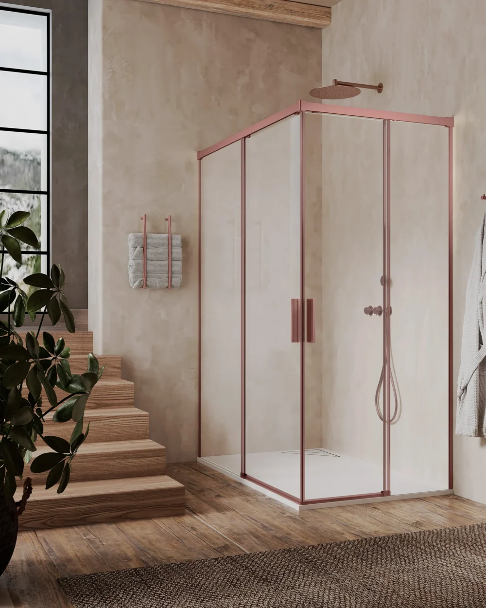 Cabine quadrada  Damasco 90x90x195 Perfil OURO ROSA transpar